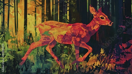 A stylized illustration of a young deer running through a vibrant forest at sunset.