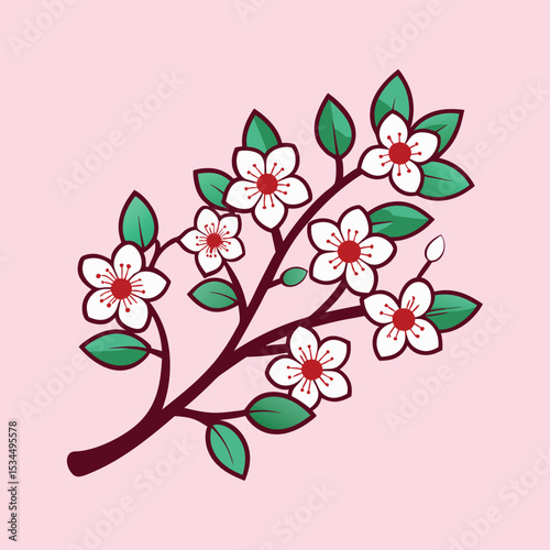 Minimalist Cherry Blossom Branch Illustration with White Flowers and Green Leaves