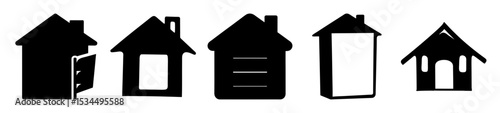 Five unique house silhouettes lined up in a black and white design