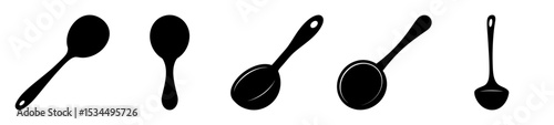 Five silhouettes showing various types of spoons and a ladle in black