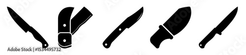 Collection of stylized black and white knives, varying blade shapes, and handles
