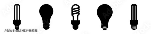 Black silhouette illustration of various light bulb types on a white background