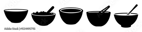 Various Black Bowls and Utensils on a White Background in Vector Form