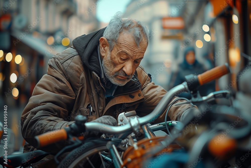 Obraz premium An elderly man in a city carefully inspects a bicycle, surrounded by a bustling urban environment.