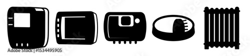 Monochromatic illustration showcasing various types of thermostats and heating related equipment