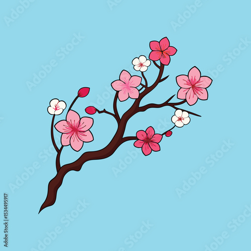 Illustration of a blooming cherry blossom branch with pink and white flowers