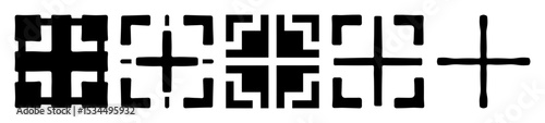 Geometric progression of abstract shapes, gradually simplifying into a simple cross symbol