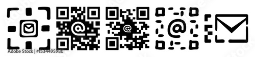 Black and white graphics depict email and QR code technology, abstract design
