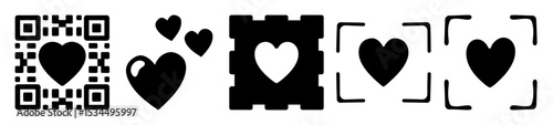 Monochrome Collection of Heart Graphics with Varied Framing and QR Code