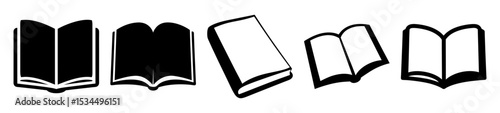 Five open books rendered in black and white, a collection of knowledge
