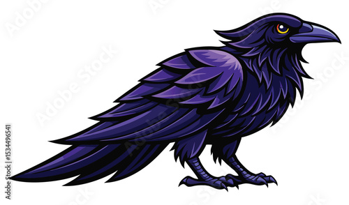 Stylized Purple and Black Raven with Yellow Eye Standing on White Background