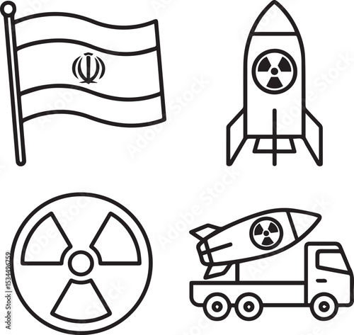 Iran Flag and Nuclear Power Line Icons