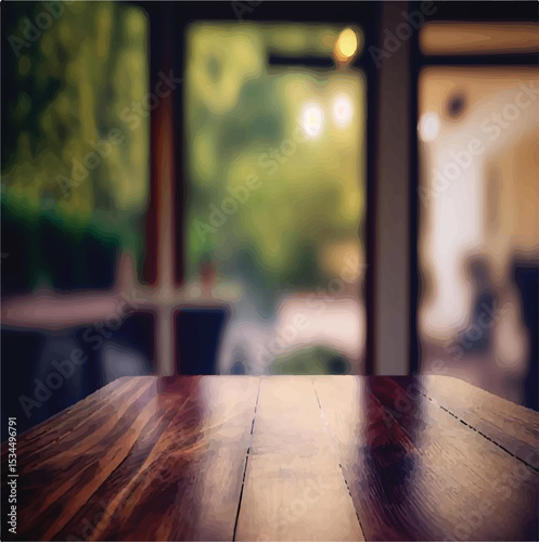Table Background with Summer Vibes – Palm and Ocean View - Natural Tabletop with Warm Sunlight and Outdoor Summer Scene - Wooden Table with Defocused Summer Nature Behind