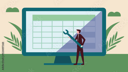 Vector illustration of a business professional holding a wrench near a computer screen with an abstract spreadsheet on display, providing a visual aid.