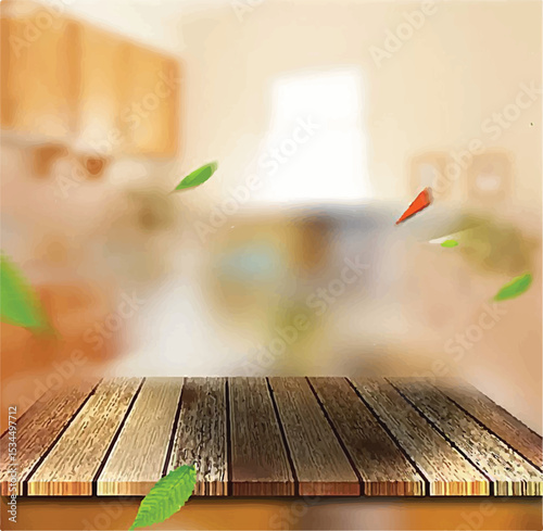 Empty Tabletop with Summer Landscape Background - Empty Wooden Table with Sunlight and Green Summer Garden - Beachside Table Mockup with Bright Summer Sky