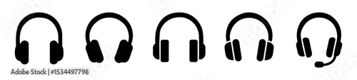 Headphone icons set, collection of various audio headset symbols including gaming, music, and communication designs for sound, listening, and tech concepts