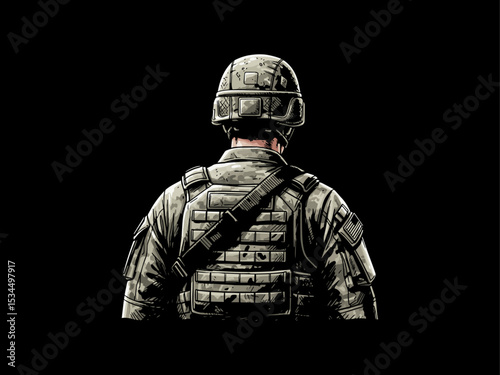 silhouette of soldier icon vector art illustration, american soldier in full combat gear, US marine standing from back side view isolated, patriotic,