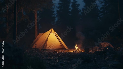 Camping tent illuminated at night beside a glowing campfire  