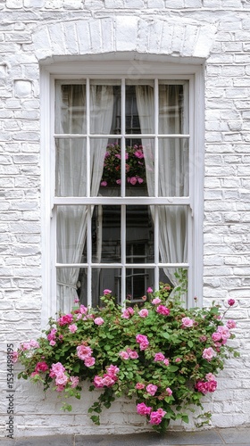 Rose-filled windowbox on white brick