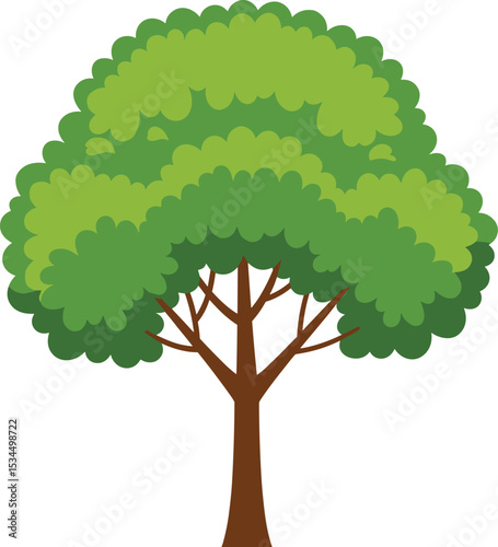 Illustration of a lush green tree with a sturdy trunk, featuring detailed branches and vibrant foliage, isolated on a clean white background, perfect for nature and environment-related themes