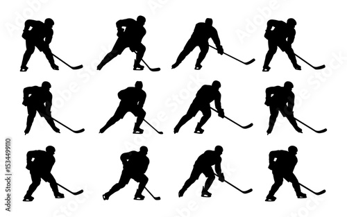 hockey player vector Silhouettes.Twelve Silhouettes of Ice Hockey Players in Action