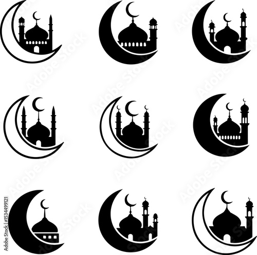 Nine Simple Islamic Mosque Icons with Crescents