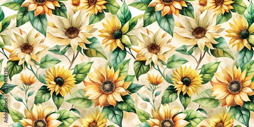 Vibrant watercolor sunflowers in various shades on a light background.