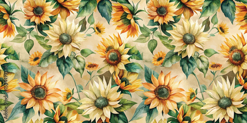Vibrant floral pattern featuring sunflowers in a warm, inviting palette.