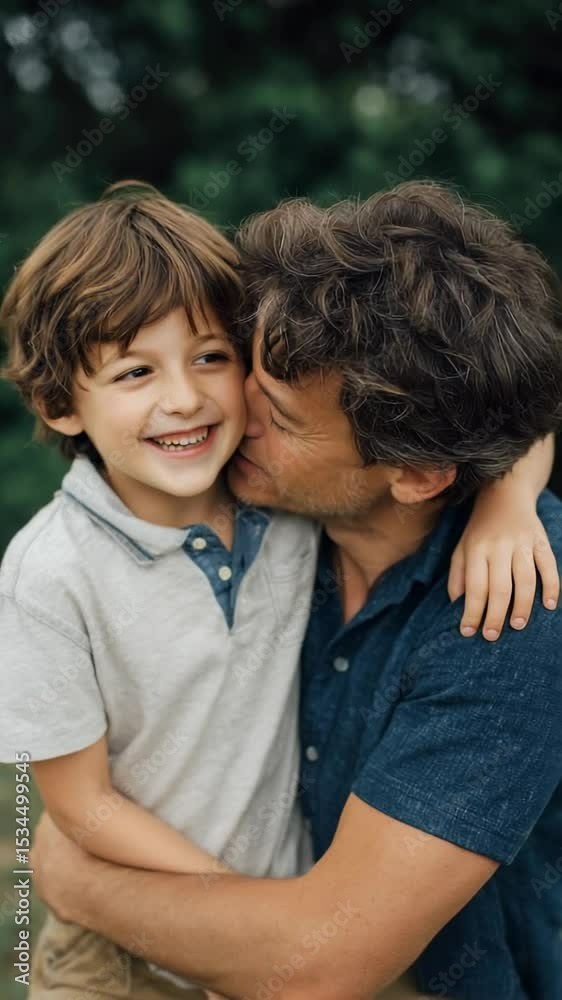 Loving father hugging and kissing smiling young son outdoors in park on warm sunny day together Loving father hugging and kissing smiling young son outdoors in park on warm sunny day together