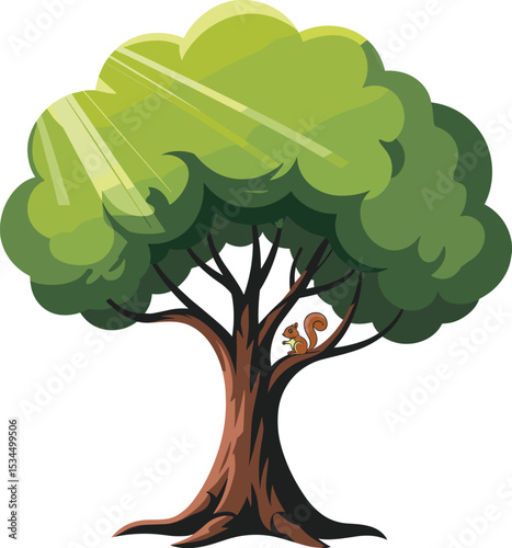 Cartoon tree with green foliage and squirrel sitting on the branch, bright sun rays shining through the leaves, illustrating nature, animals, outdoor environment, eco-friendly theme for digital art