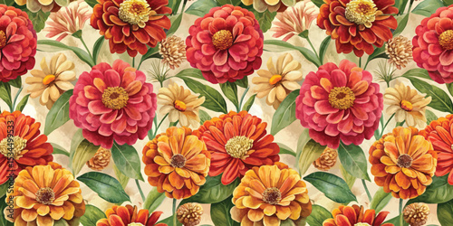Vibrant floral pattern featuring colorful zinnias in red, orange, and cream tones.