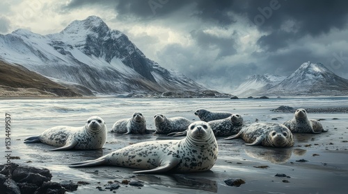Harbor seals rest on a beach near snow-capped mountains under a dramatic sky.