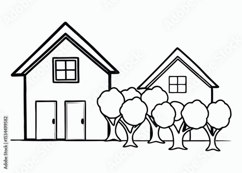Black and white line drawing of two houses with trees in a cozy neighborhood