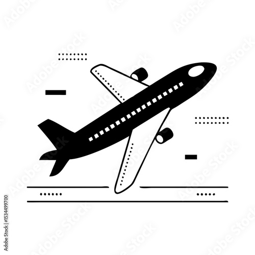 Stylized black and white airplane taking off from runway vector vector silhouette icon