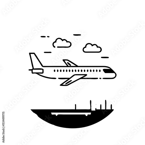 Airplane flying in the sky with clouds over a city silhouette silhouette icon