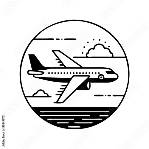 Monochrome vector of a passenger airplane soaring through the skies above the ocean silhouette icon