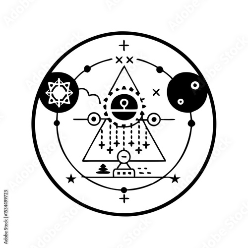 Mystical Occult Circle Symbol with Geometric Shapes and Celestial Elements Design silhouette icon