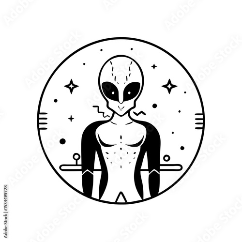Simple stylized alien in a circle with outer space elements black and white silhouette icon