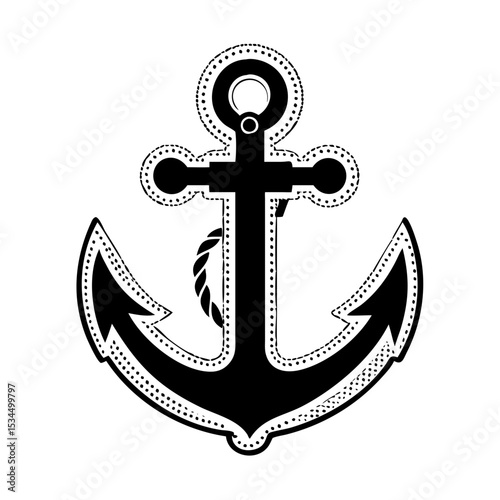 Black and white vintage style nautical anchor with dots around the edge silhouette icon