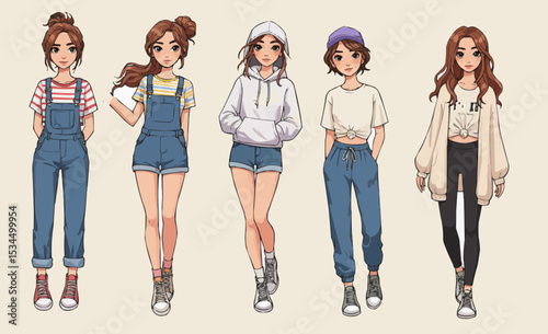 Stylish illustrations of girls in casual outfits, various fashion choices, modern character design, youth culture