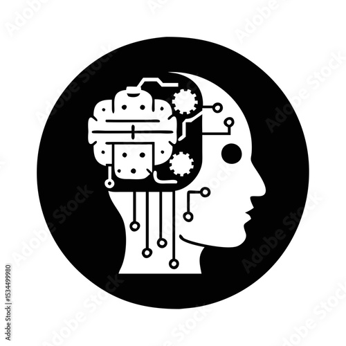 Artificial Intelligence concept shown with head silhouette and machine learning components silhouette icon