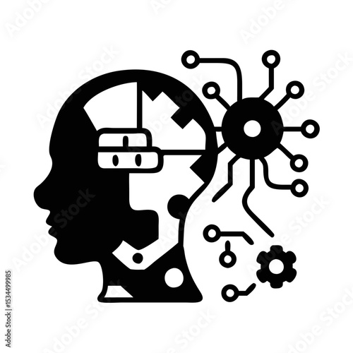 Artificial intelligence human brain connected to digital neural network concept silhouette icon
