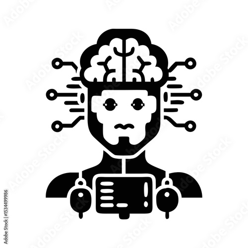 Artificial intelligence brain connected to a human cyborg like body concept silhouette icon