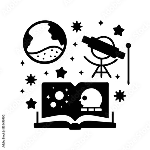Exploring the Universe Black and White Astronomy and Cosmology vector silhouette icon