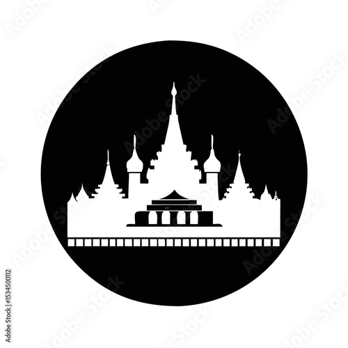 Black and White Silhouette of a Burmese Temple within a Circular Shape silhouette icon