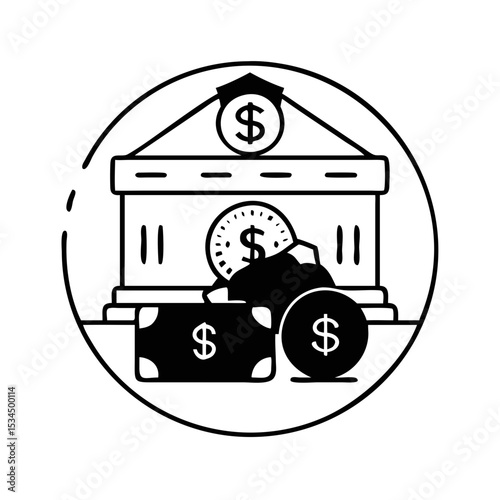 Bank building icon with money and coins, vector of finance silhouette icon