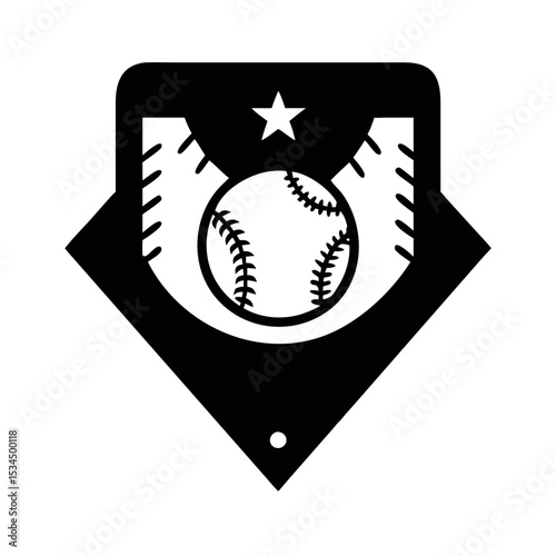 Monochromatic baseball home plate with baseball and star logo design element silhouette icon