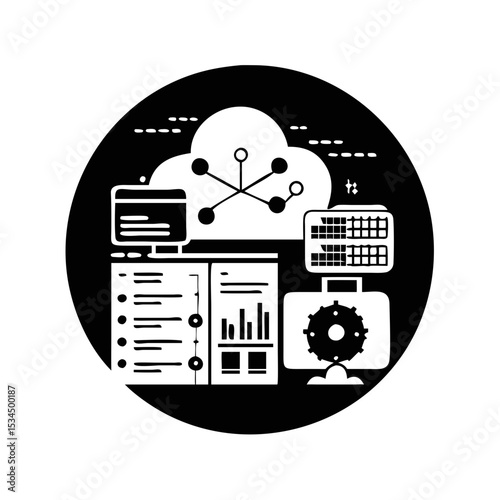 Black and white network concept design with cloud, server, data, and machine silhouette icon