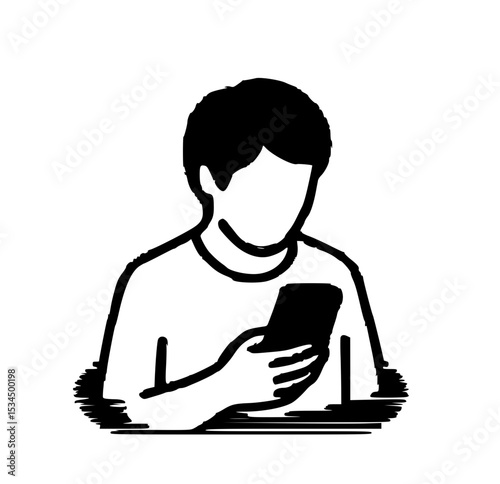 Minimalist illustration of a person using a smartphone, simple design, technology concept, black and white