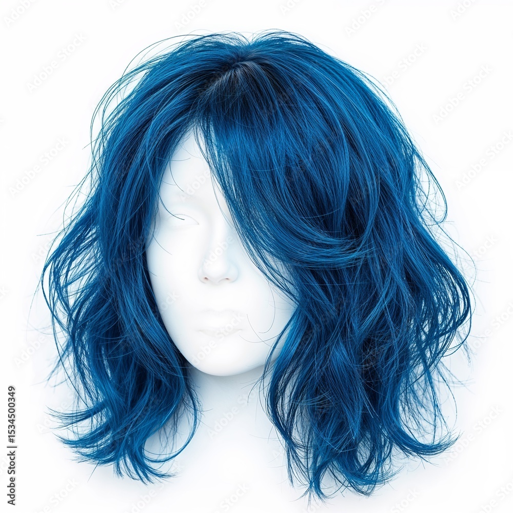 Naklejka premium Blue colored hair wig over white background, mockup template, no shadow